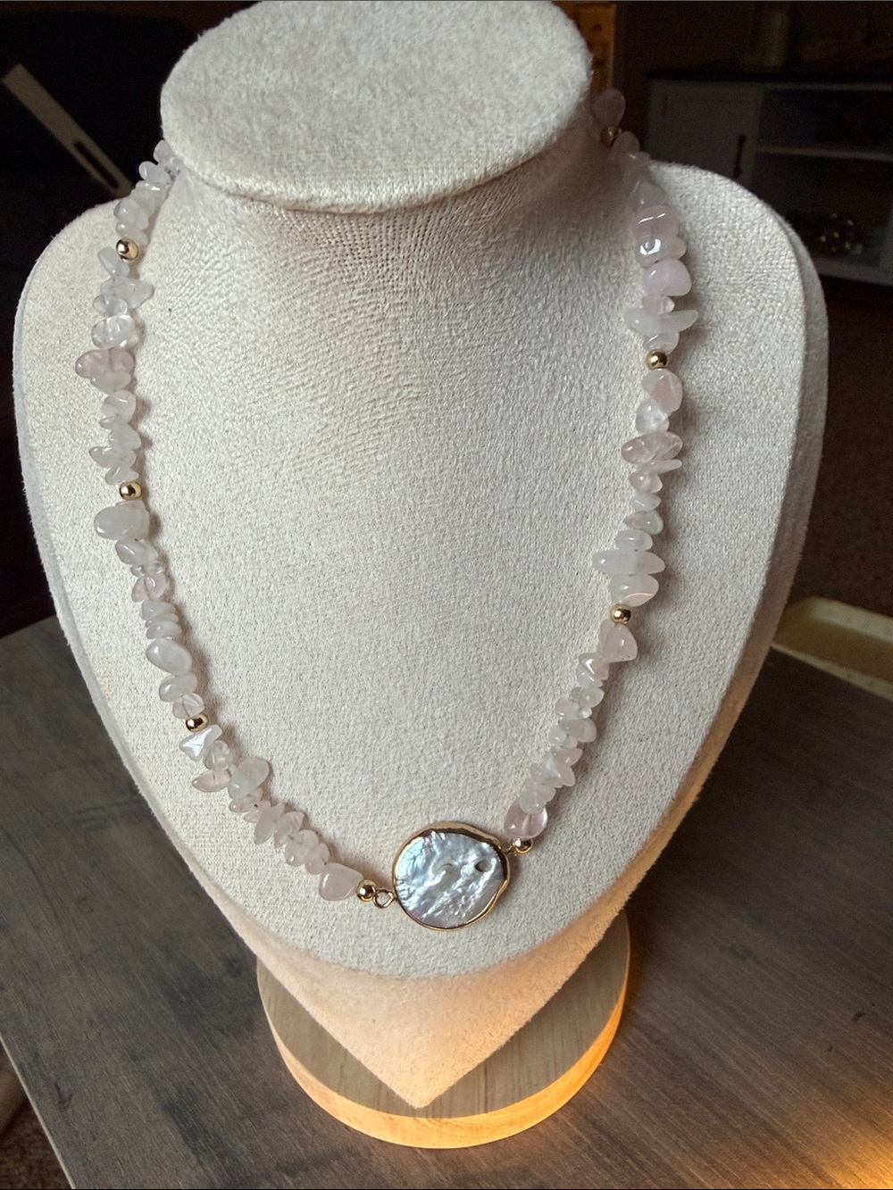 Handmade Rose Quartz Chip Necklace with Mother-of-Pearl Pendant